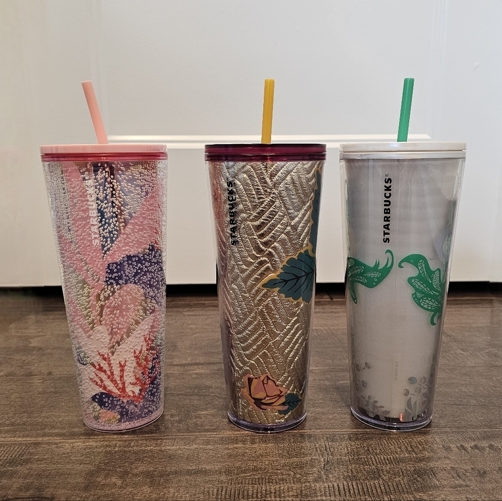 New Starbucks Trio of Artistic Tumblers with Pink, Gold, and Green Colors 24 Oz